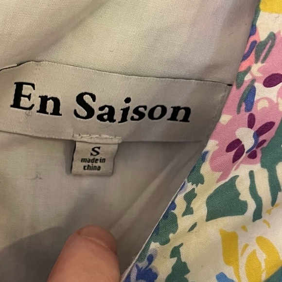 En Saison Floral Mini Dress Puffed Statement Sleeve Ruching Ruffle Cotton Small - Picture 10 of 13